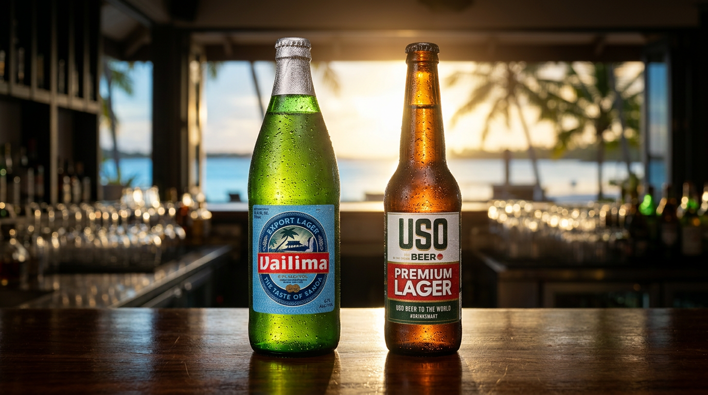 Vailima and USO bottles standing side by side